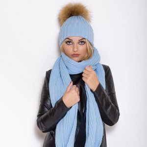 Icy Blue Fur Pom Pom Beanie Hat + Scarf Set - Removable via snap buttons